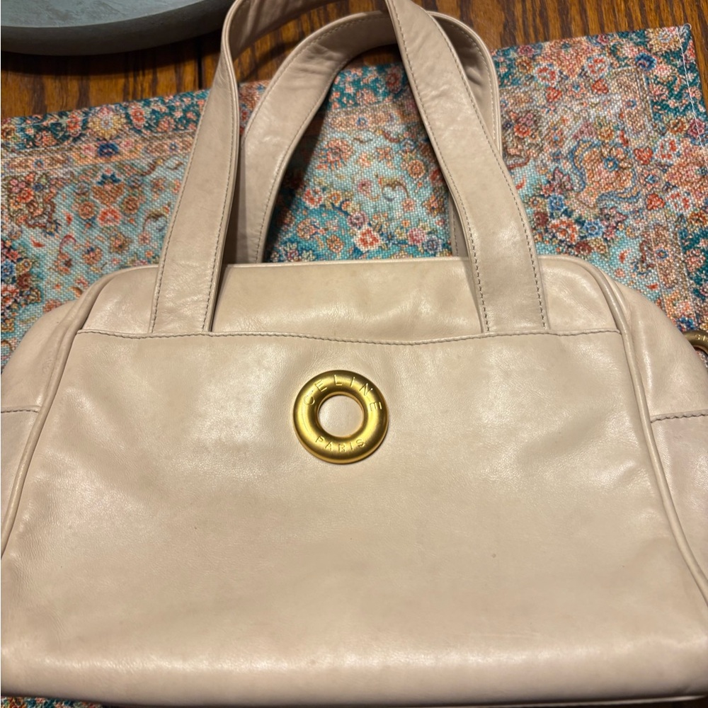 Celine Cream Shoulder Bag with Gold Detail